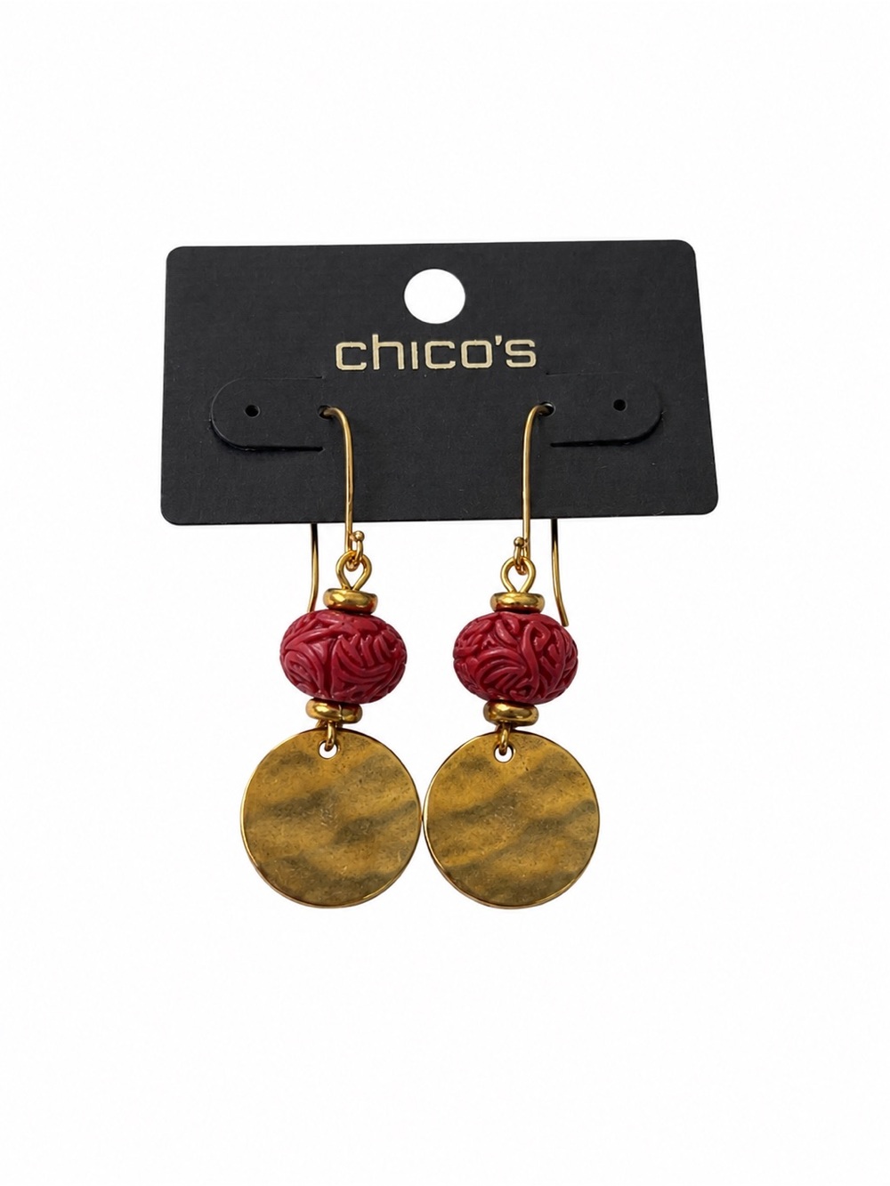 Chico’s Burgundy Bead & Gold Tone Disc Dangle Earrings Boho Chic